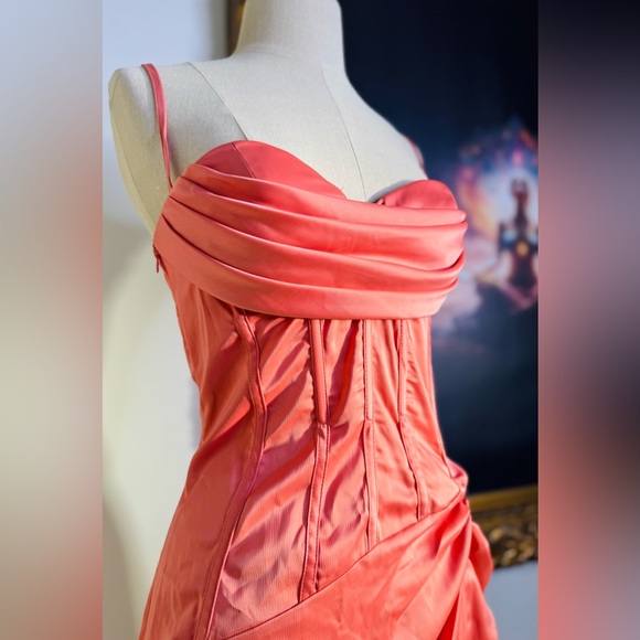 Coral Draped Corset Ruffle Gathered Dress - Picture 6 of 13